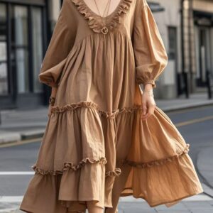 french brown ruffled extra large hem party dress
